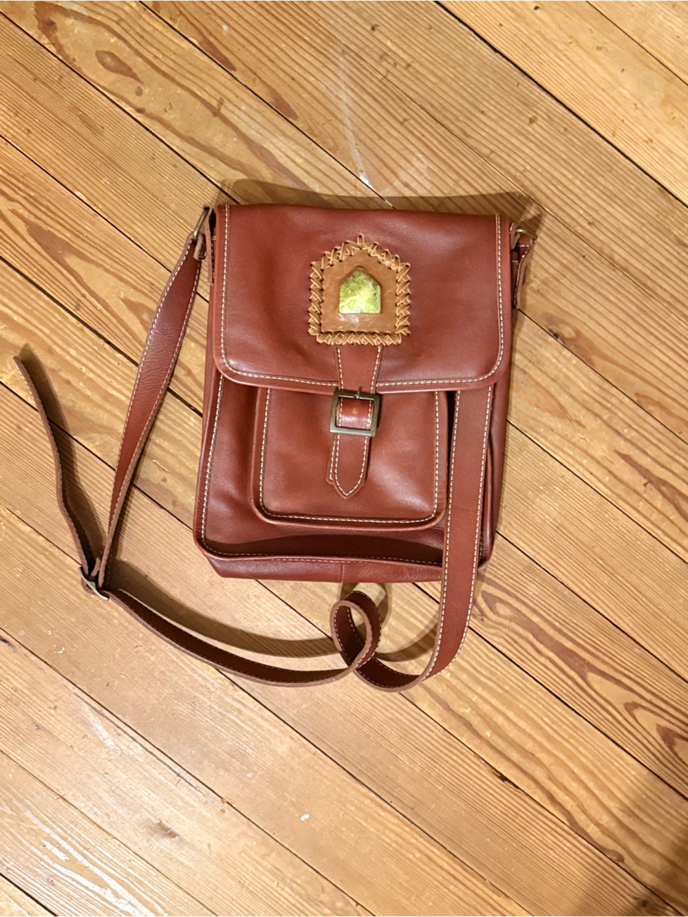 Brown Leather Crossbody Bag - Gemstone inlay Shoulder Bag